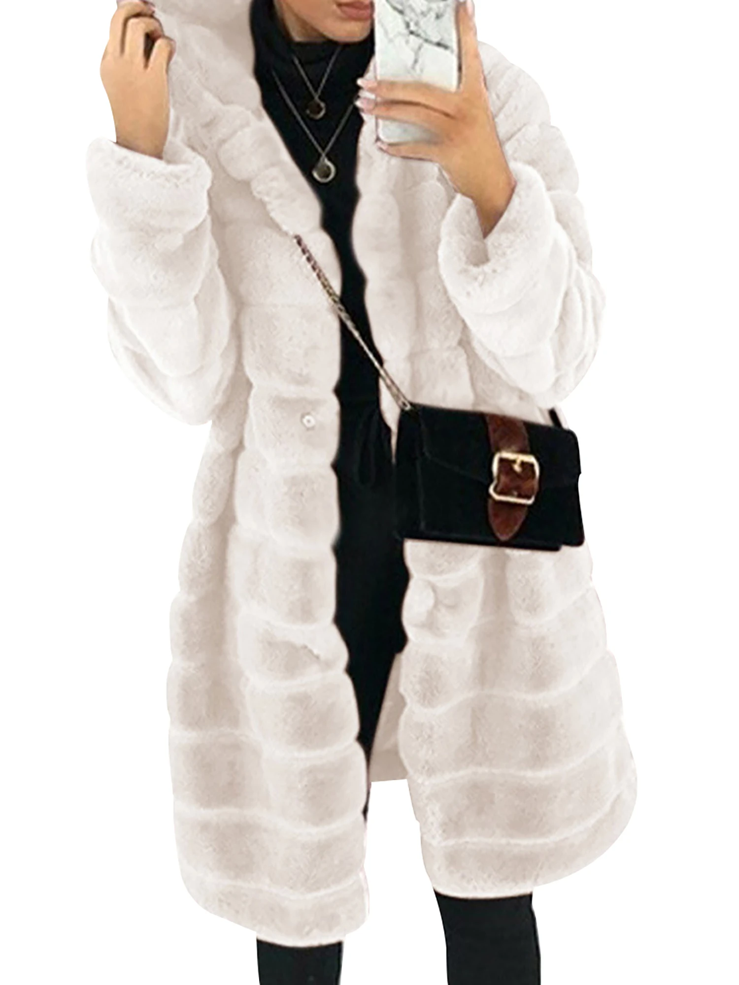 

Women Mid-length Slim Wool & Blends Coats Solid Single Breasted Casual Hooded Long Sleeve Open Coat Winter Warm