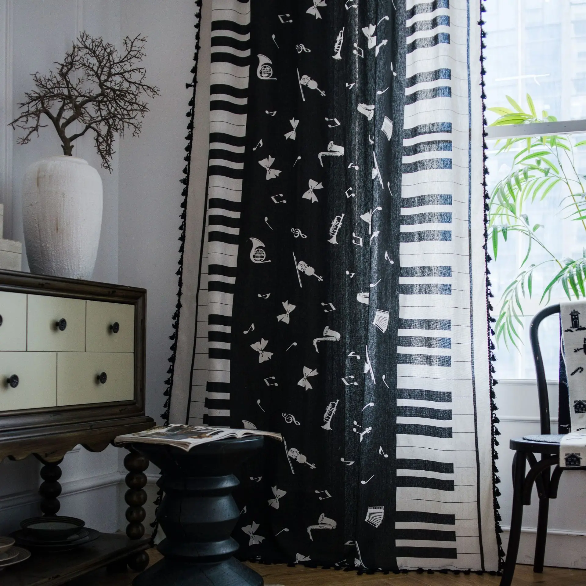 

Yaapeet 1pc Blackout Windows Curtains for Bedroom Black Tassel Window Drapes Cotton Linen Piano Window Curtains Note Home Decor