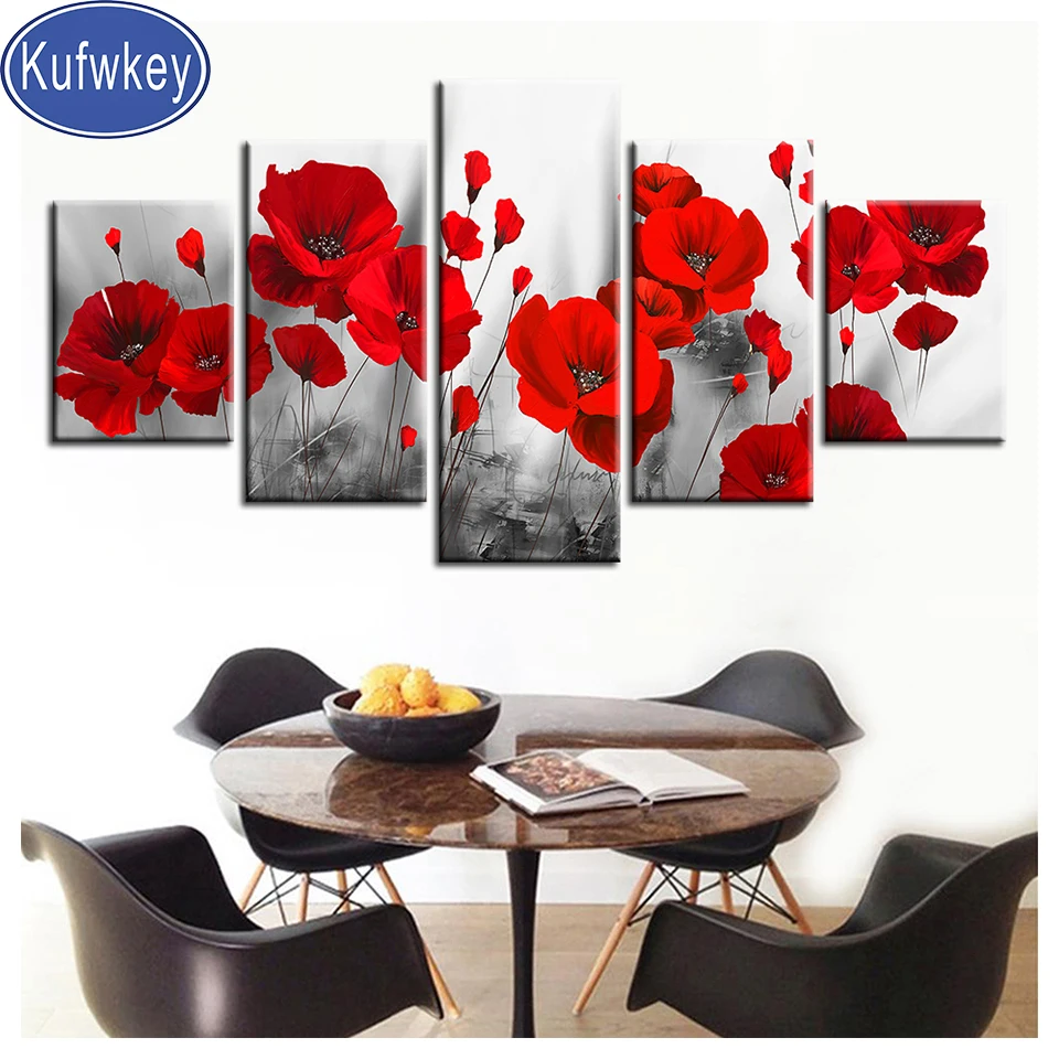 Картины с романтическим маком 5d 5 шт. алмазная живопись красные цветы полный