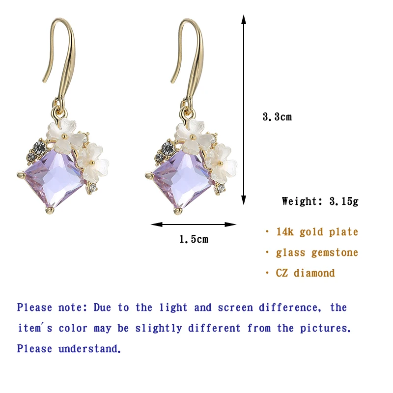 

ONYSS Cute Purple Colorful Flower Shape Glass Stone Hook Pendant Earrings for Women 2021 925 Silver Earring