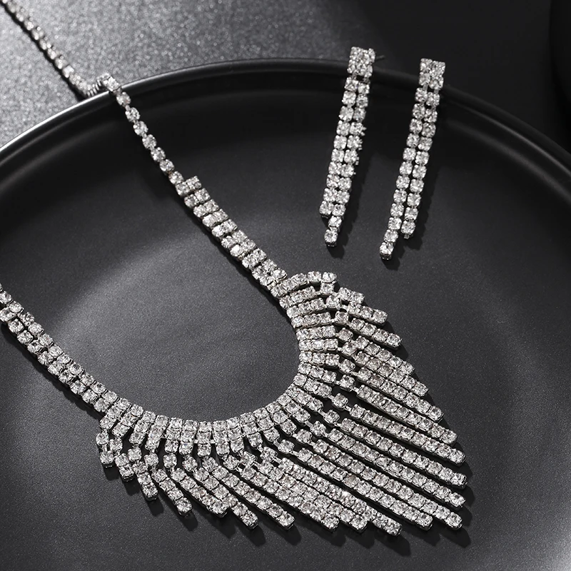 Classic Flash CZ Stone Jewerly Set Multi-layer Tassel Design Silver Color Necklace&ampEarring For Women Wedding Party Sets 2020 New |
