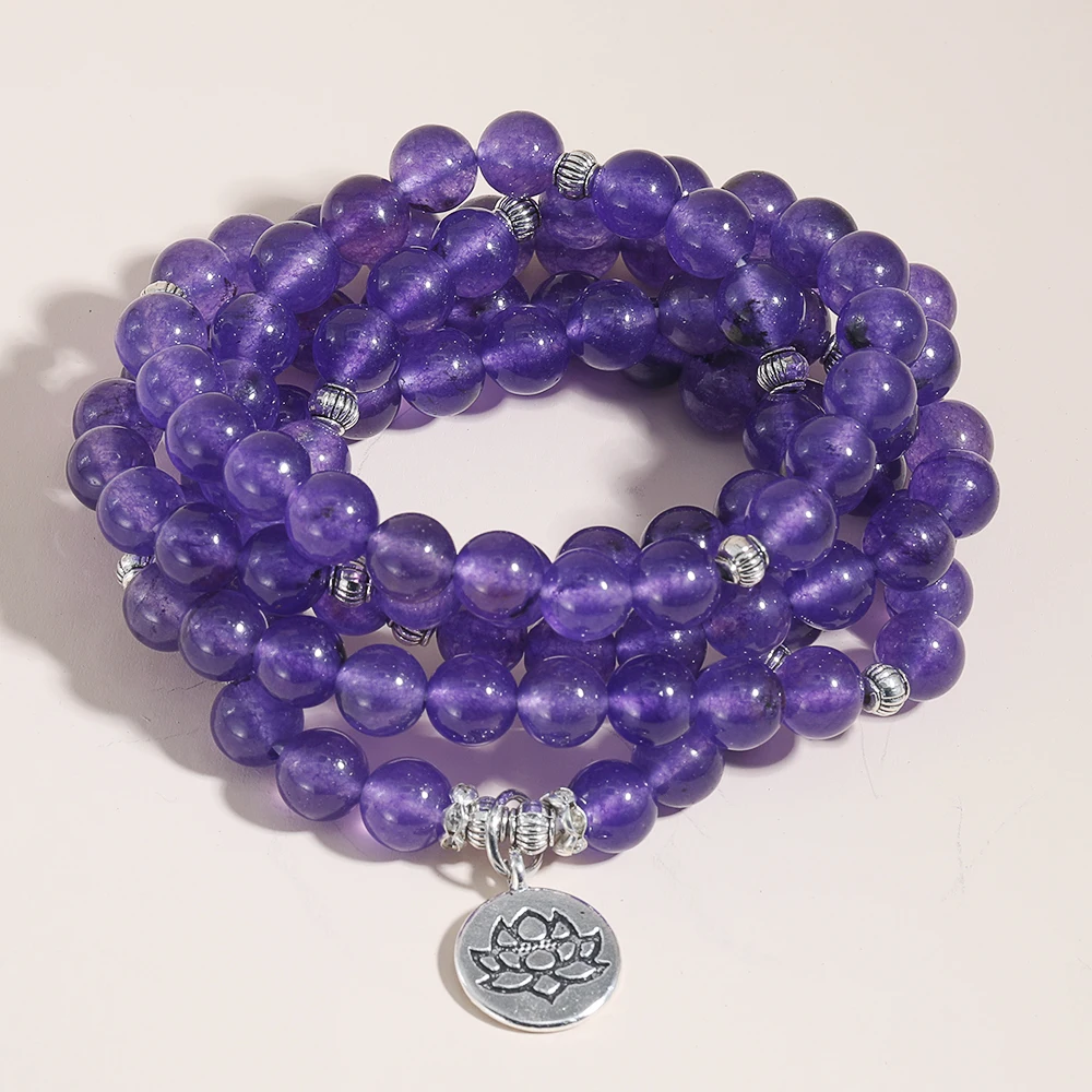 

Japa mala Bracelet Necklece 108 Beads 8MM Natural Stone Amethysts Crystal Stone Beads Meditation Lotus OM Prayer Yoga Bracelet