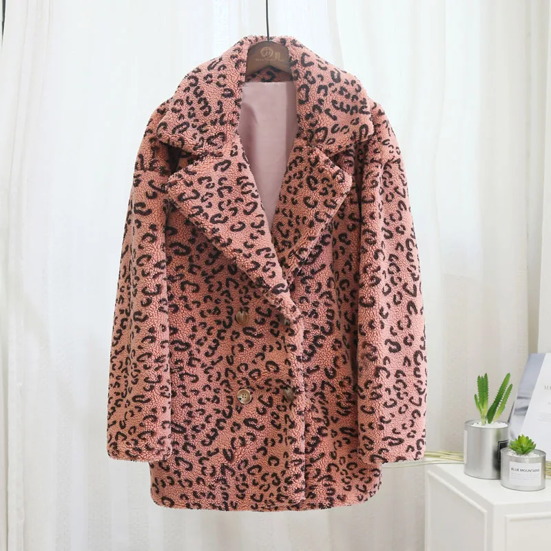 pink leopard Негабаритный верблюжий искусственный мех плюшевый медведь куртка пальто для женщин Зимняя мода уличный стиль теплое пальто Верхняя одежда Пальто из овечьей шерсти - Цвет: pink leopard