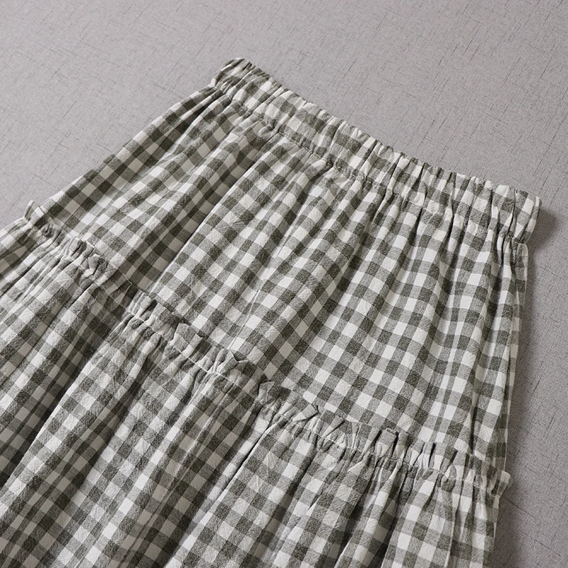 

Japan Style Mori Girl Literature Cotton and linen Plaid Skirt Embroidered Lace Hem Mid-length A-line Skirt