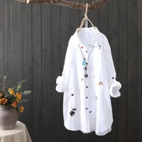 white shirt women plus size clothing 4xl 5xl long sleeve 100 cotton blouse embroidery ladies tops casual button up shirts