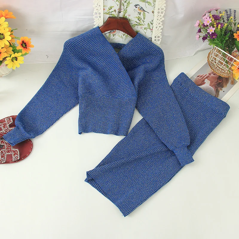 

YIZZHOY Spring Autumn New Women Sexy V-neck Knitted Skirt Suits Batwing Sleeve 2 Pieces Elegant Office Lady Knitting Suit Set