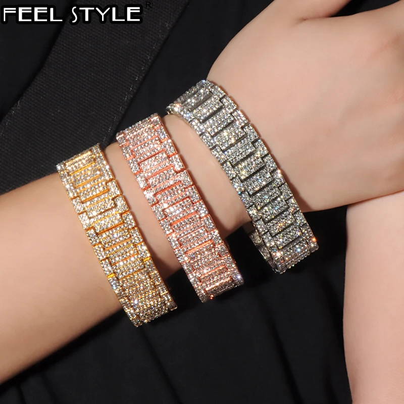 Полностью Стразы Iced Out блестящие золотые часы браслет звено цепи браслеты для