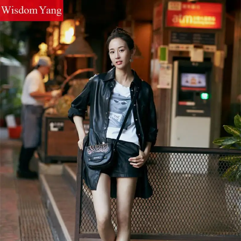 Autumn Black Sheepskin Genuine Leather Shirts Jackets Womens Loose Overcoat Bomber Long Jacket Coats Office Ladies Outerwear