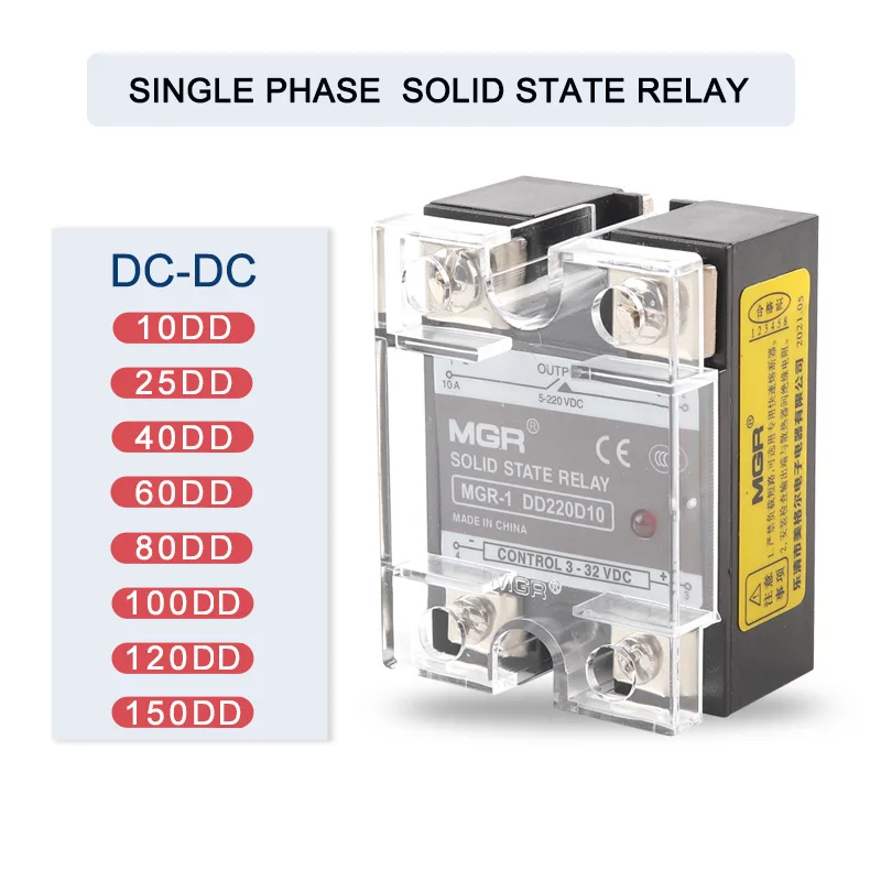

SSR-10DD SSR-25DD SSR-40DD MGR DC Control DC Single Phase Solid State Relay 3-32VDC Input 5-220VDC Output 10A-150A Relay