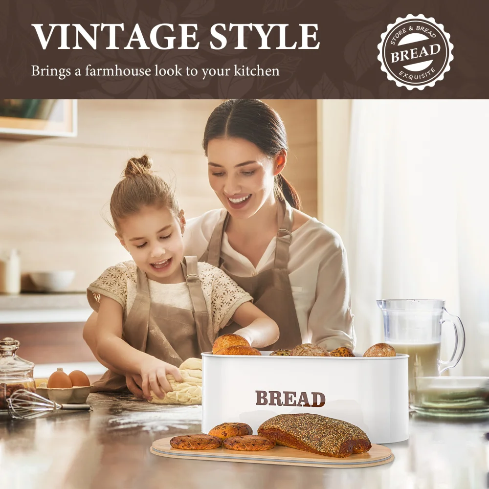 

Cabilock Bread Storage Holder for Kitchen Countertop Metal Bread Box Organizer with Bamboo Lid (White)