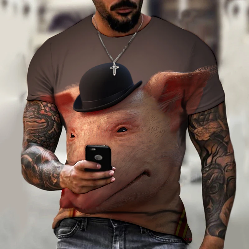 

Pig Tshirt Summer Personality Trend Men's Tops Animal Shirt 3D Printing Round Neck T-shirt Fashion Casual Funny Design Rock Top