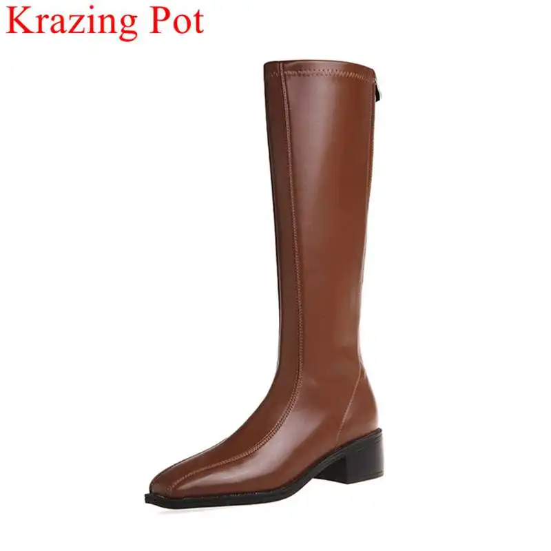 

Модные элегантные сапоги до бедра Krazing Pot на среднем каблуке с квадратным носком, теплая зимняя обувь на молнии, однотонные классические эле...