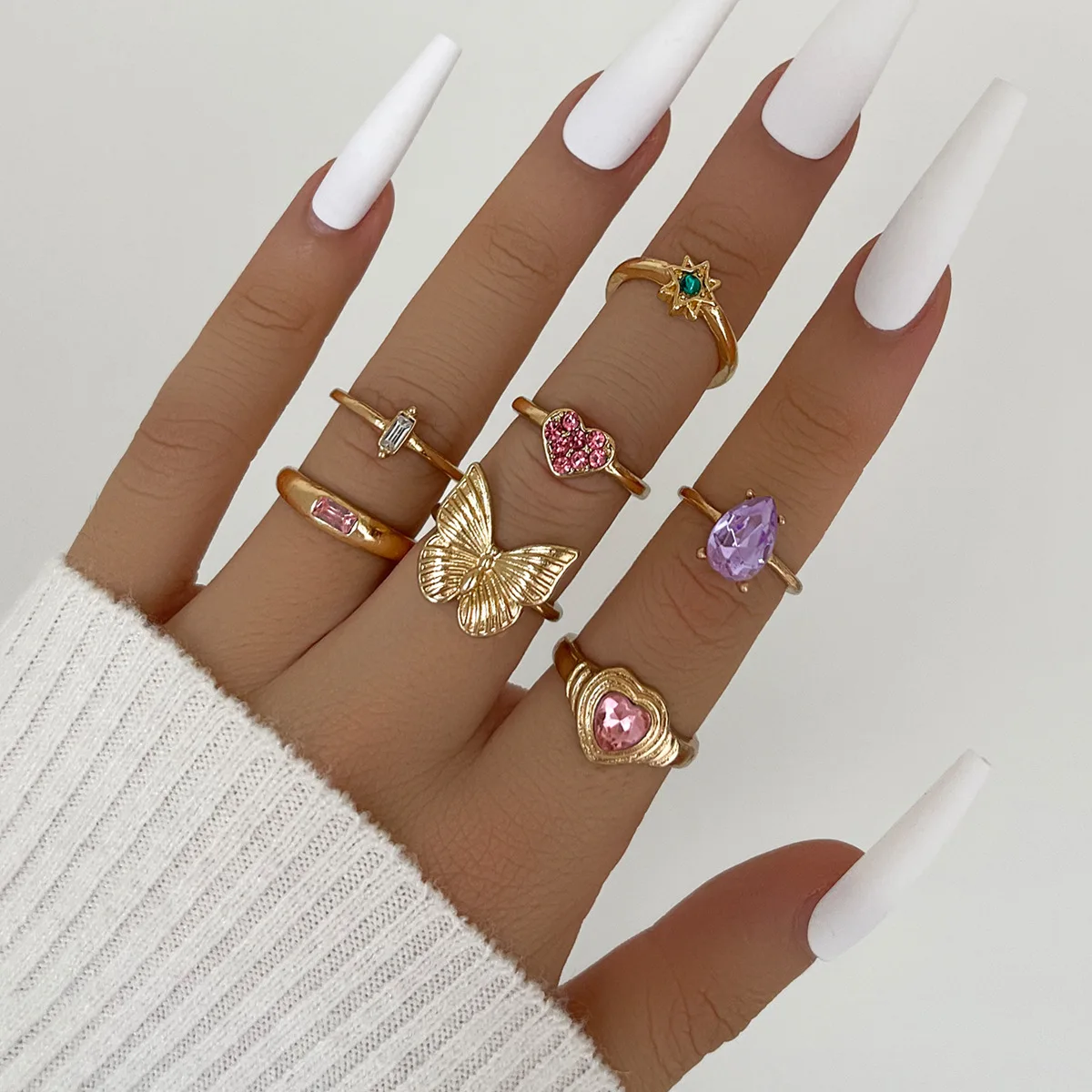 

Stillgirl 7Pcs Y2k Butterfly Gold Rings for Women Kpop Cute Multi Color Crystal Heart Female Vintage Emo Fashion Jewelry Anillos