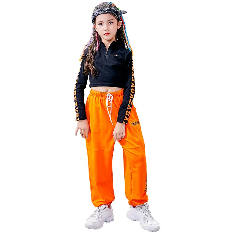 

Hip Hop Dance Costume Kids Festival Clothing Dancer Outfit Orange Cheerleader Uniform Summer Jazz Dancewear Stage Costume