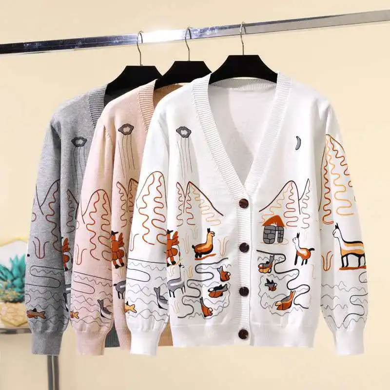 

2021 Autumn Korean Style Loose Outer Wear All-Match Cartoon Lazy Style Long-Sleeved Knitted Cardigan Sweater Jacket Women