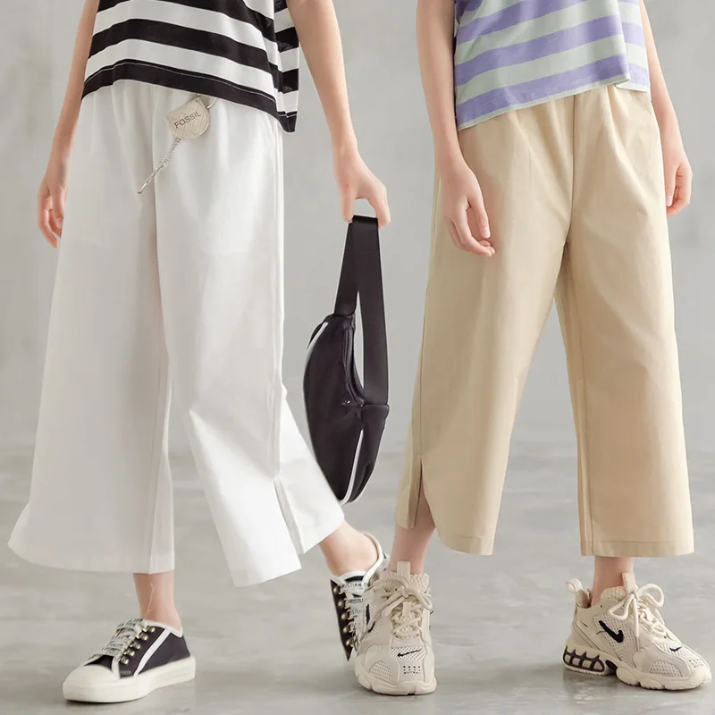 

Girls Summer Casual Pants 2022 Loose Children's Wide-leg Pants Cotton White Khaki Pants for Girls Teen School Trousers 12 13 14Y