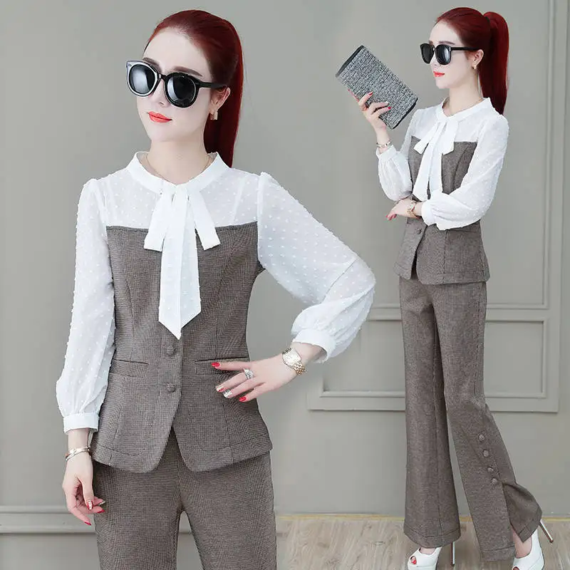 Elegant office lady 2 pieces sets Spring summer Korean patchwork chiffon tops and pants women clothing two pieces outfits enlarge