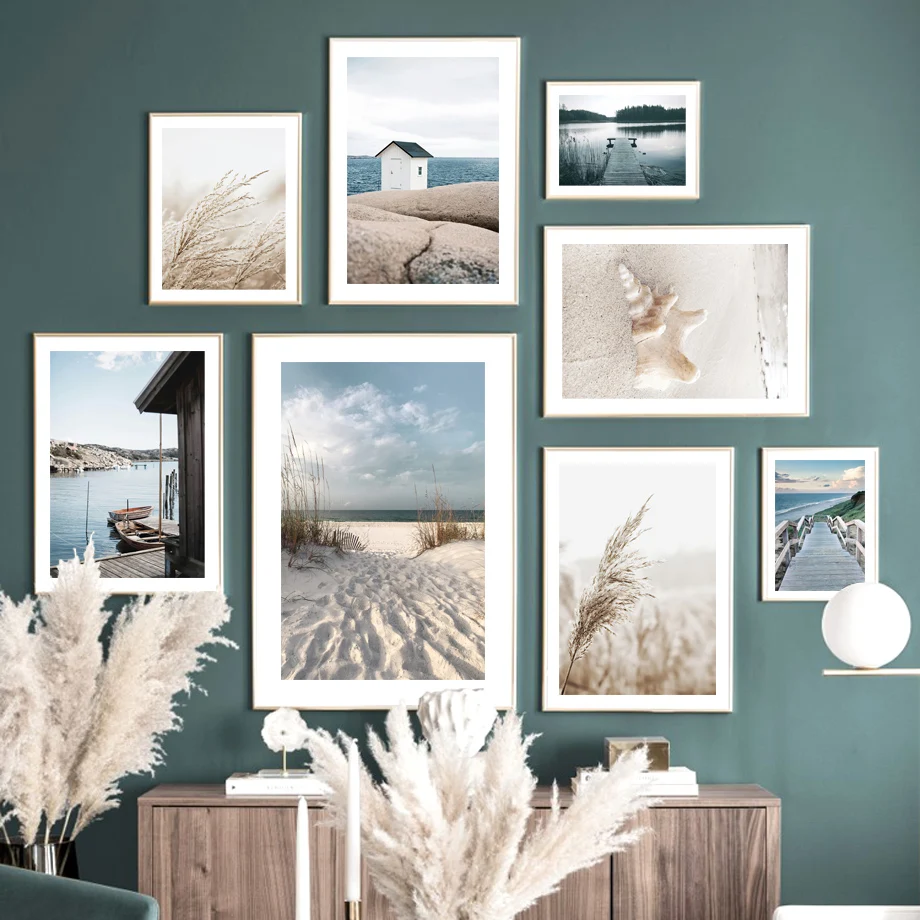 Морской песок бежевая тростниковая трава лодка конус Клифф скандинавский плакат