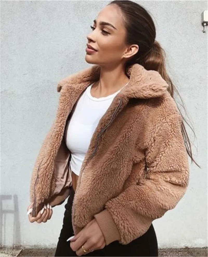 

Womens Thick Warm Teddy Bear Pocket Fleece Jacket Coat Zip Up Outwear Overcoat
