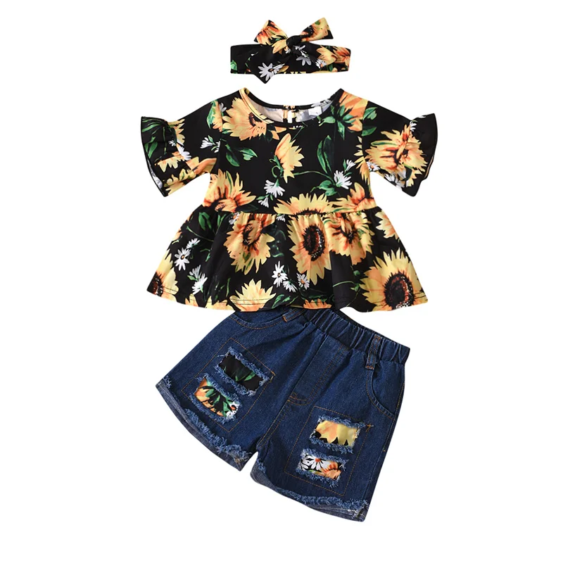 

Newest Summer 3Pcs Girl\u2019s Clothes Set Fresh Sunflower Short Sleeve Tops and Ripped Denim Short Pants and Headband 0-3Years