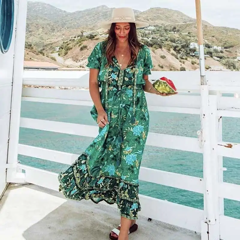 Богемный Вдохновленный Макси-Платье с принтом леса, рифленые рукава, жабо, летнее платье с v-образным вырезом, завязанное пляжное платье для женщин, шикарное цыганское бохо платье