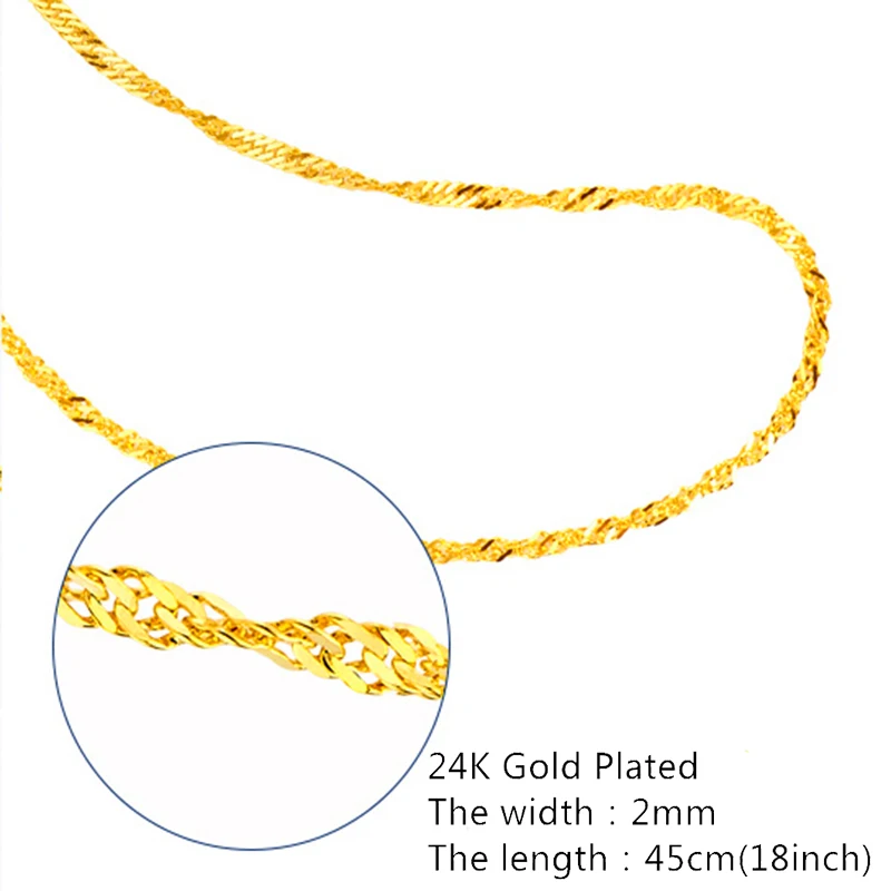 Women's Charming Simple Yellow Gold color Necklace Chain Jewelry Water-wave For Woman lady Size 45cm 2mm | Украшения и