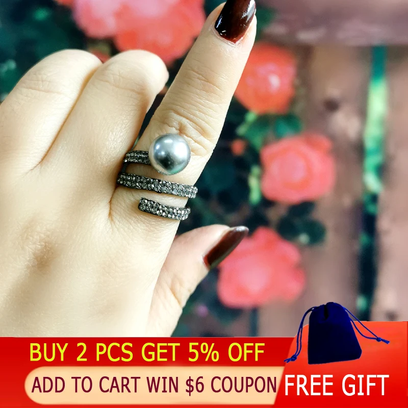 Женское кольцо с искусственным серым жемчугом LEEKER черное в стиле ретро 12 мм 558