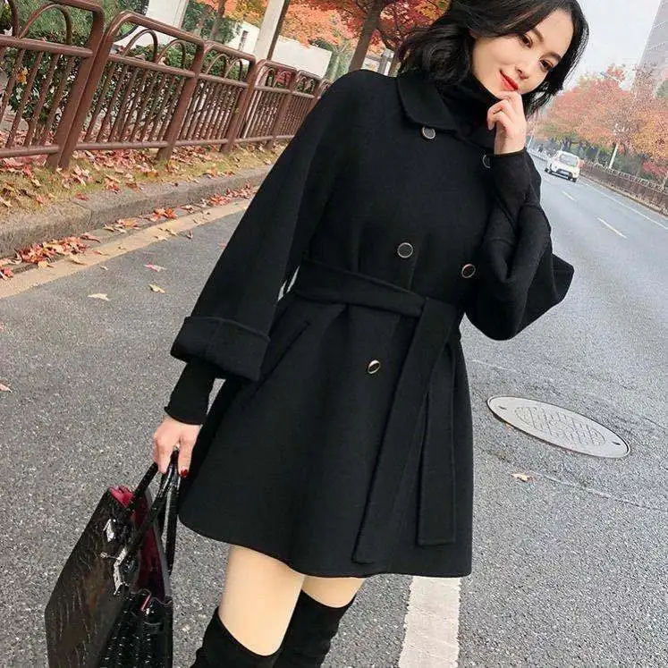 

2021 Autumn Winter New Women's Solid Color Woolen Jackets Female Warm Double-faced Wool Coats Ladies Long Loose Overcoats Q538