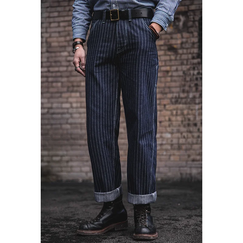 

Firmranch Men/Women American Vintage 90s Hommes Jeans For Men 2021 Striped Denim Jeans Amekaji Suspenders American Work Pants