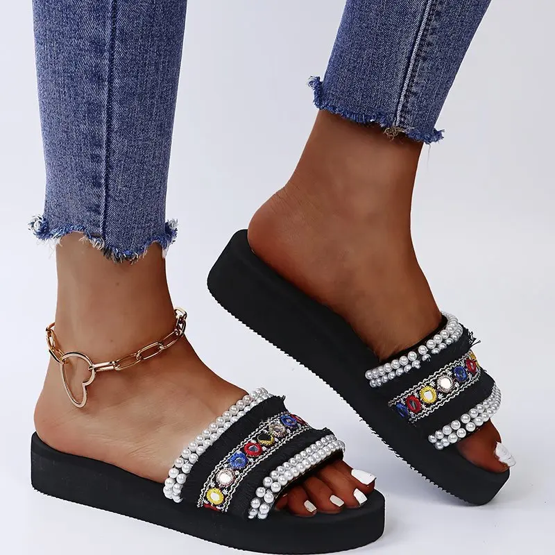 

Women's Sandals Platform Pearl Tassel Women Slippers Ethnic Ladies Shoes Light Weight Peep Toe Slides Women Fringe Slippers