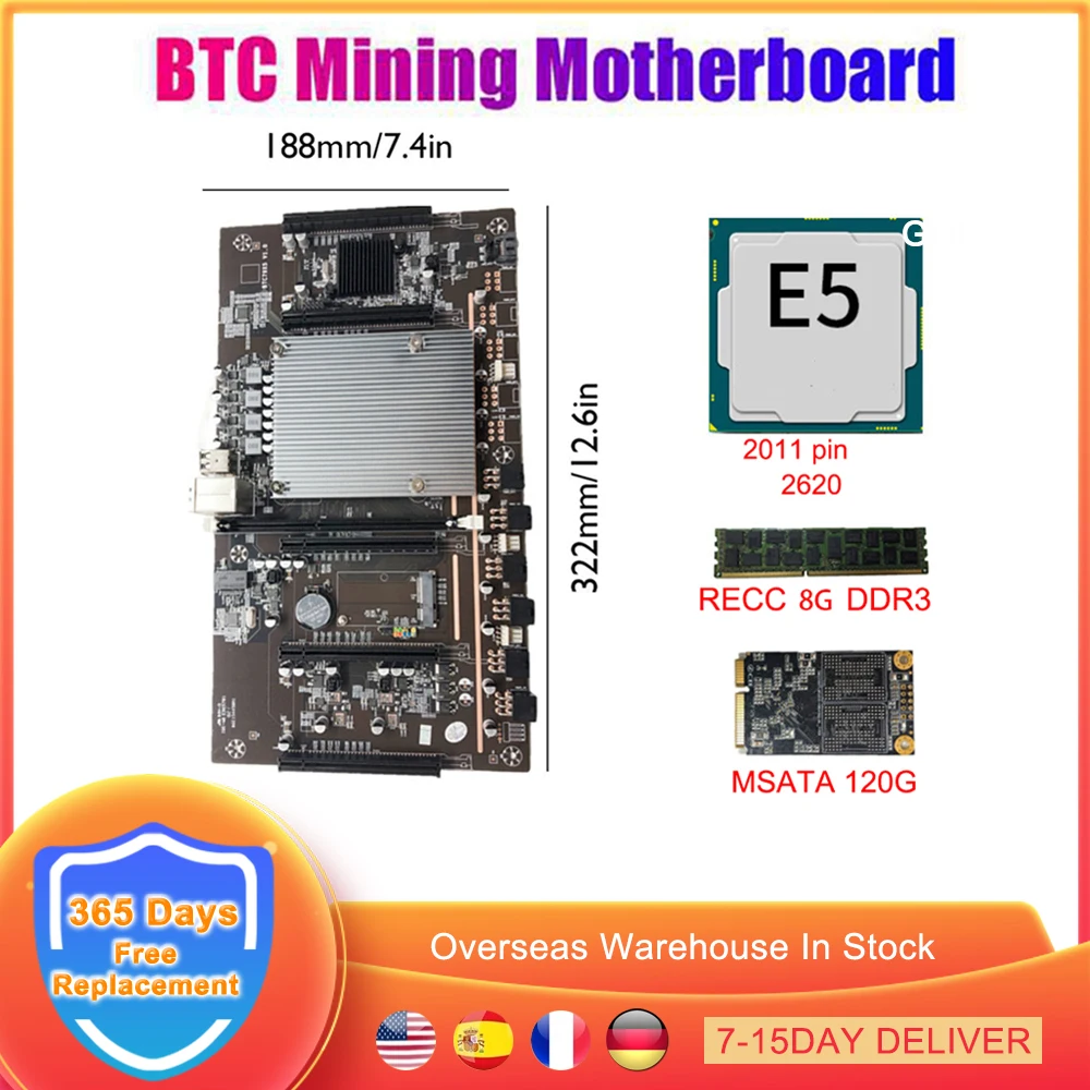 

BTC X79 CPU kit xeon Mining Motherboard Set 5 PCIe PCI-E Express 3.0 X8 Slots DDR3 Memory Support 3060 GPU Graphics Video Card