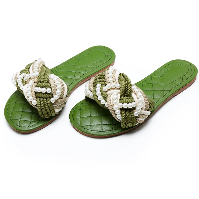 

2021 New Genuine Leather Women Slippers Pearls with Straw Rope Slides Women Sandalias Soft Leather Flats Slippers Women Shoes