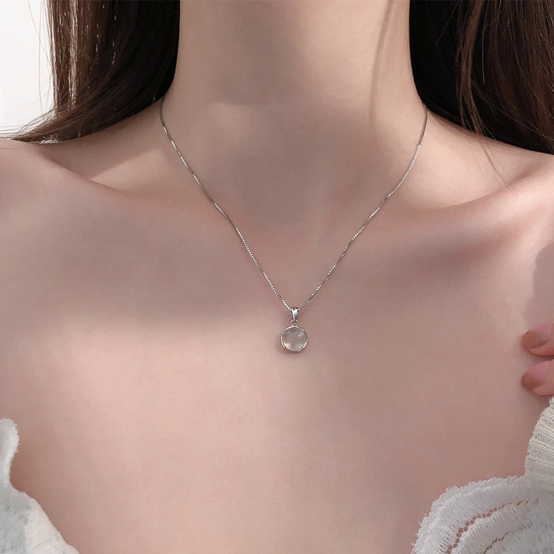 S925 Sterling Silver White Round Pendant Necklaces Luxury Women Fine Jewelry Clavicle Chain Short Necklace | Украшения и