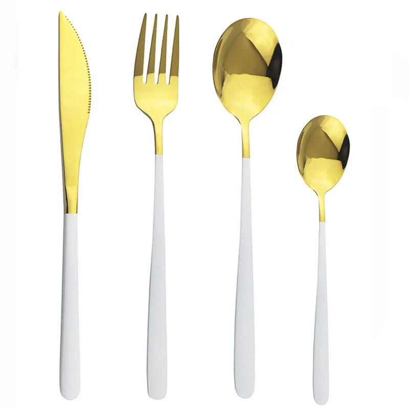 

Набор столовой посуды из нержавеющей стали, корейский портативный столовый набор из белого золота, с ножом, вилкой, ложкой