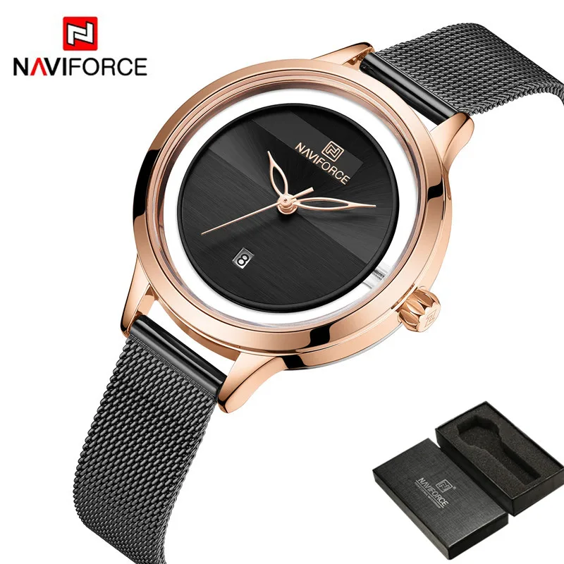 Часы наручные NAVIFORCE женские с сетчатым браслетом из нержавеющей стали черные