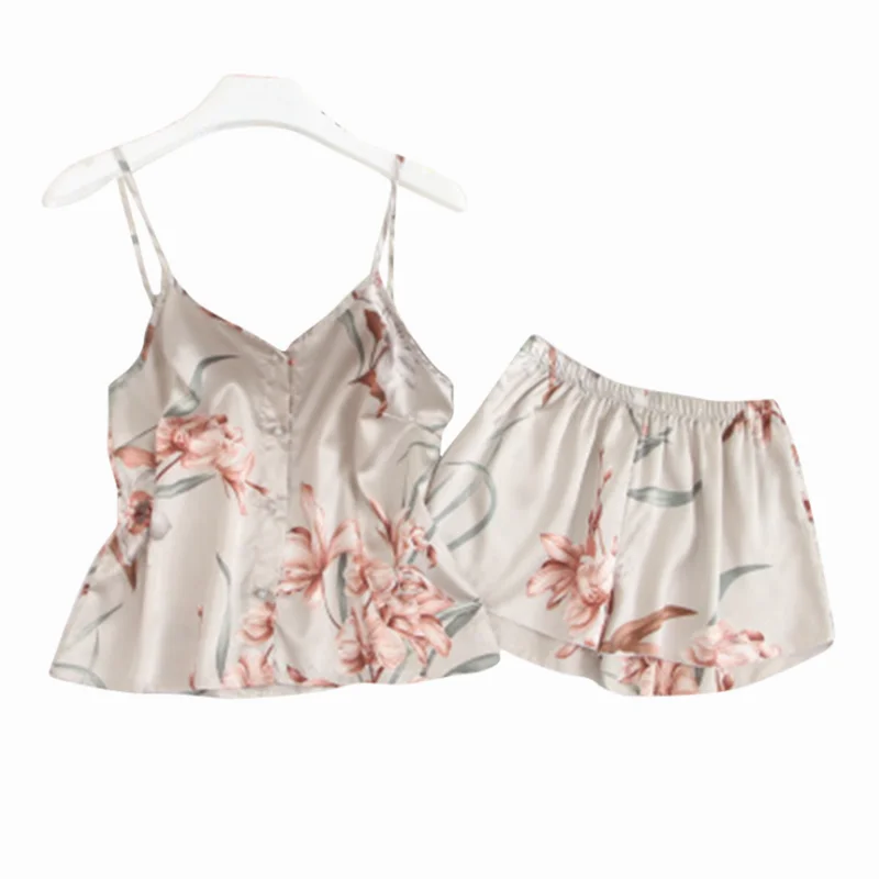 

2021 New Pajamas Set Womens Sexy Floral Lingerie Cami Short Button Down Nightwear Camisole PJS Sleepwear