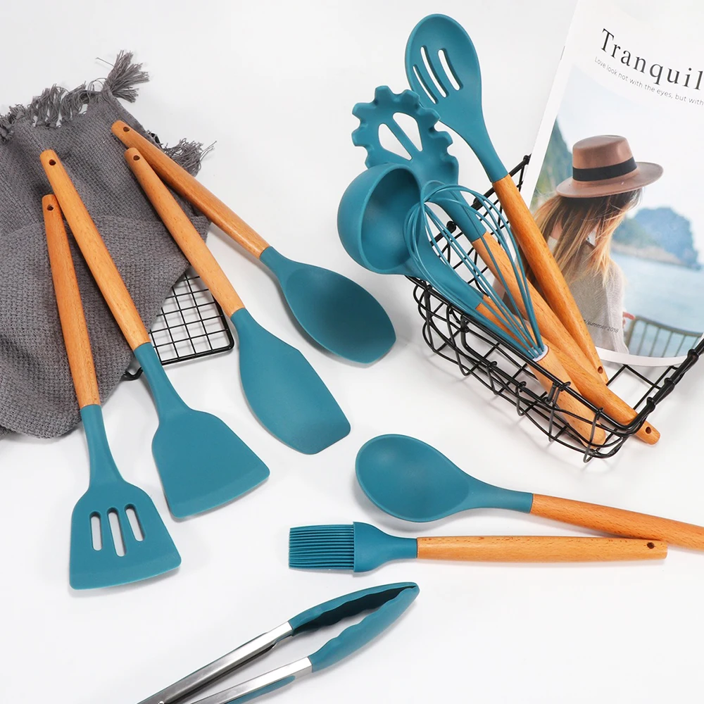 

12Pcs Wooden Handle Cooking Utensils Set Blue Silicone Kitchenware Shovel Non-Stick Spatula Resistant Tools with Storage Bucket