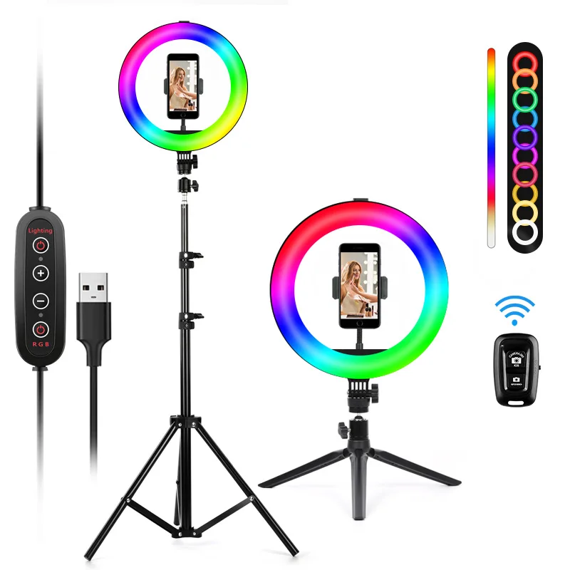 

10" RGB LED Ring Light Selfie Photographic Video Lighting Colorful Ring Lamp Dimmable with Control Stand for TikTok Youtube Live