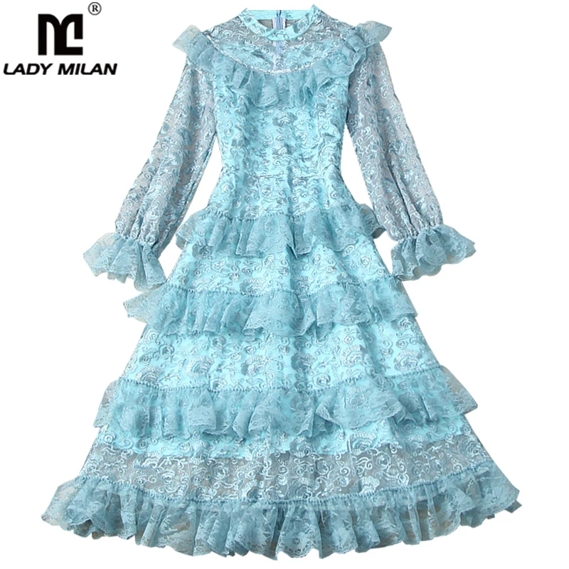 

Women's Runway Dresses O Neck Long Lanter Sleeves Tiered Ruffles Embroidery Lace Fashion A Line Casual Dresses