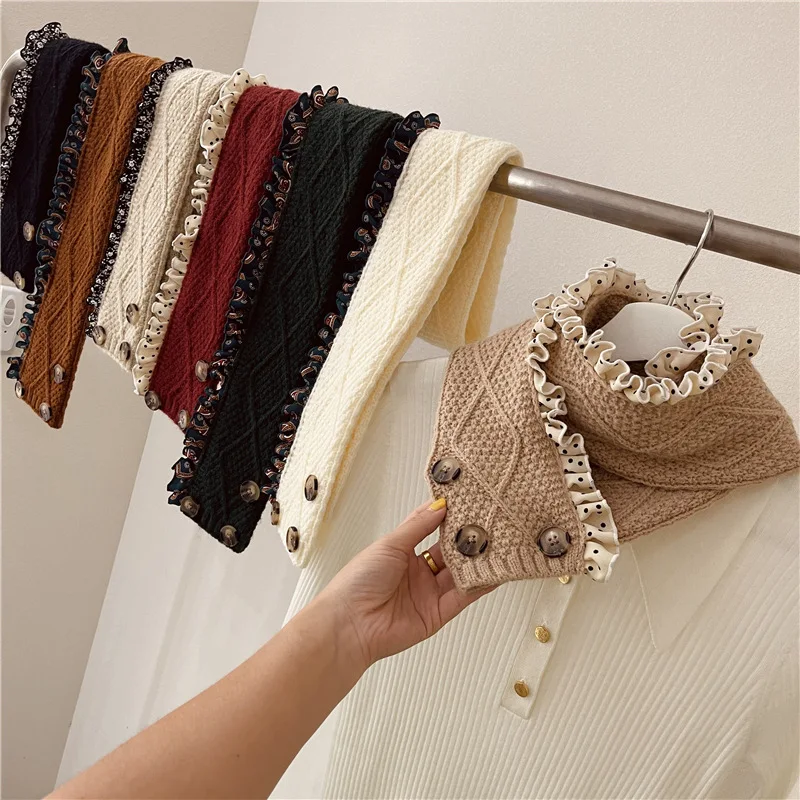 

Female Detachable Collars Scarf Women 2021 Autumn and Winter New Solid Color Knitted Fake Collars Small Floral Ruffles Scarves