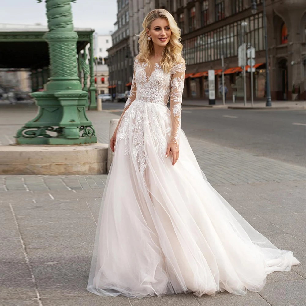 

2022 тюлевые Свадебные платья с длинным рукавом в стиле бохо, элегантные трапециевидные Свадебные платья с V-образным вырезом для женщин, инди...