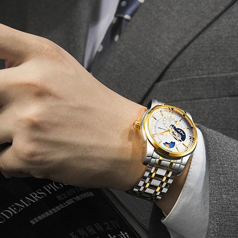 

Men stainless steel watches Mechanical Wristwatches Automatic Self-Wind Complete Moon phase Water Resistant clock brand TEVISE