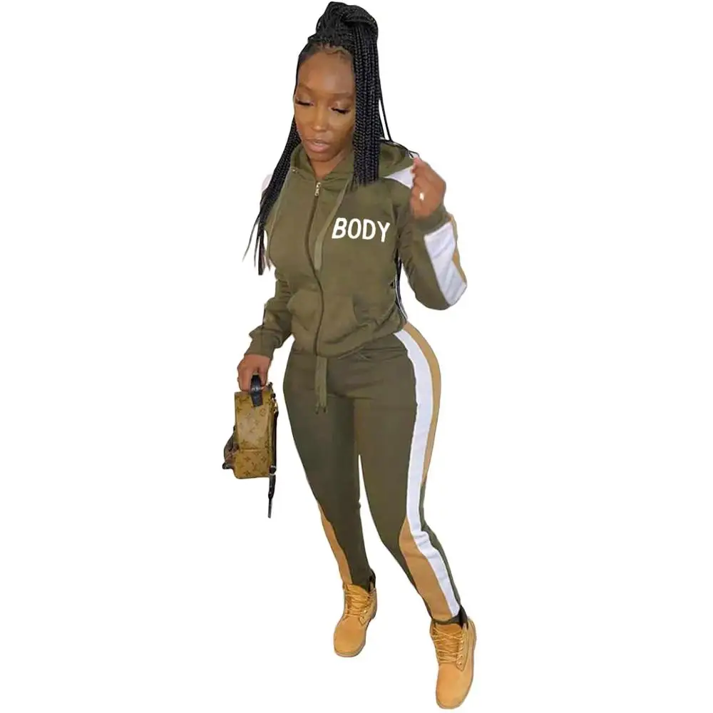 

Autumn Winter Patchwork Letter Print Tracksuit Women Fitness Sporty Zipper Long Sleeve Hoodie Top with Sweatpants Two Piece Set