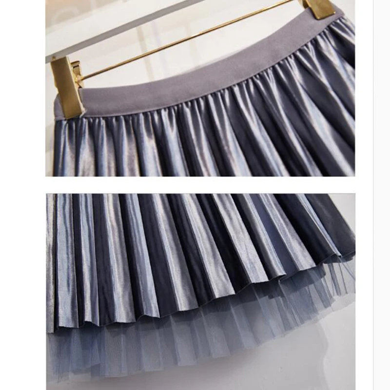 

Wear On Both Sides Women Tulle Skirts 2020 New Korean Solid color Gold velvet Mesh Long Skirt High Waist A-line Pleated Skirt