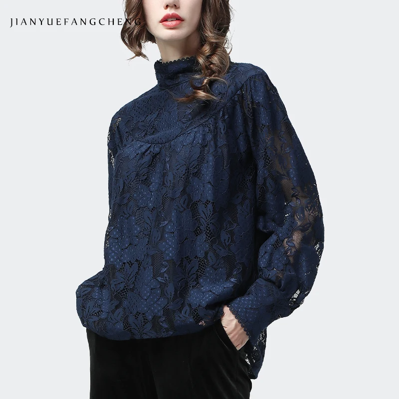 

Fashion Spliced Ladies Lace Top Long Sleeve Blouses 2020 Autumn New Hollow Out Floral Design Loose O-Neck Plus Size Pull On Tops