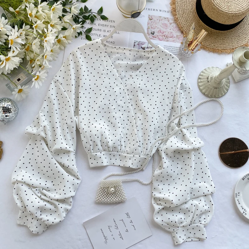 2019 Новая модная женская одежда осенняя рубашка с v образным вырезом и пышными