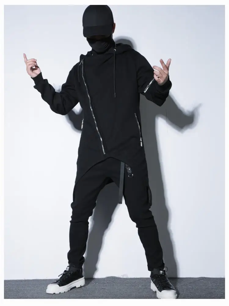 Men's Trench Coat Spring And Autumn New Solid Color Zipper Hoodie Medium Long Gothic Style High Street Student Fashion Coat