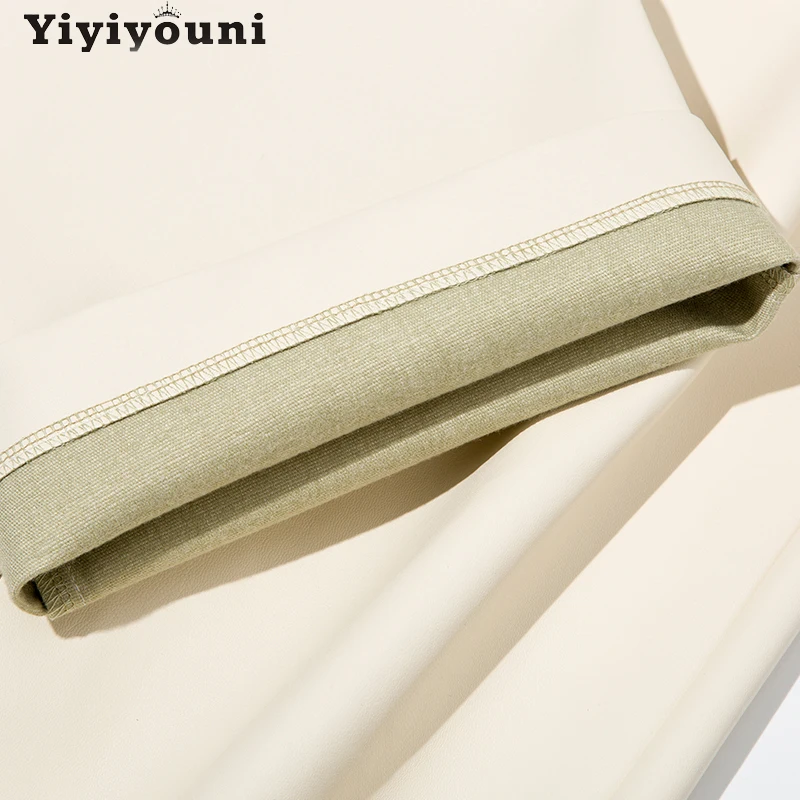 

Yiyiyouni Elastic High Waist Loose Leather Trousers Women Casual PU Leather Wide Leg Pants Female Black White Pantalone 2021
