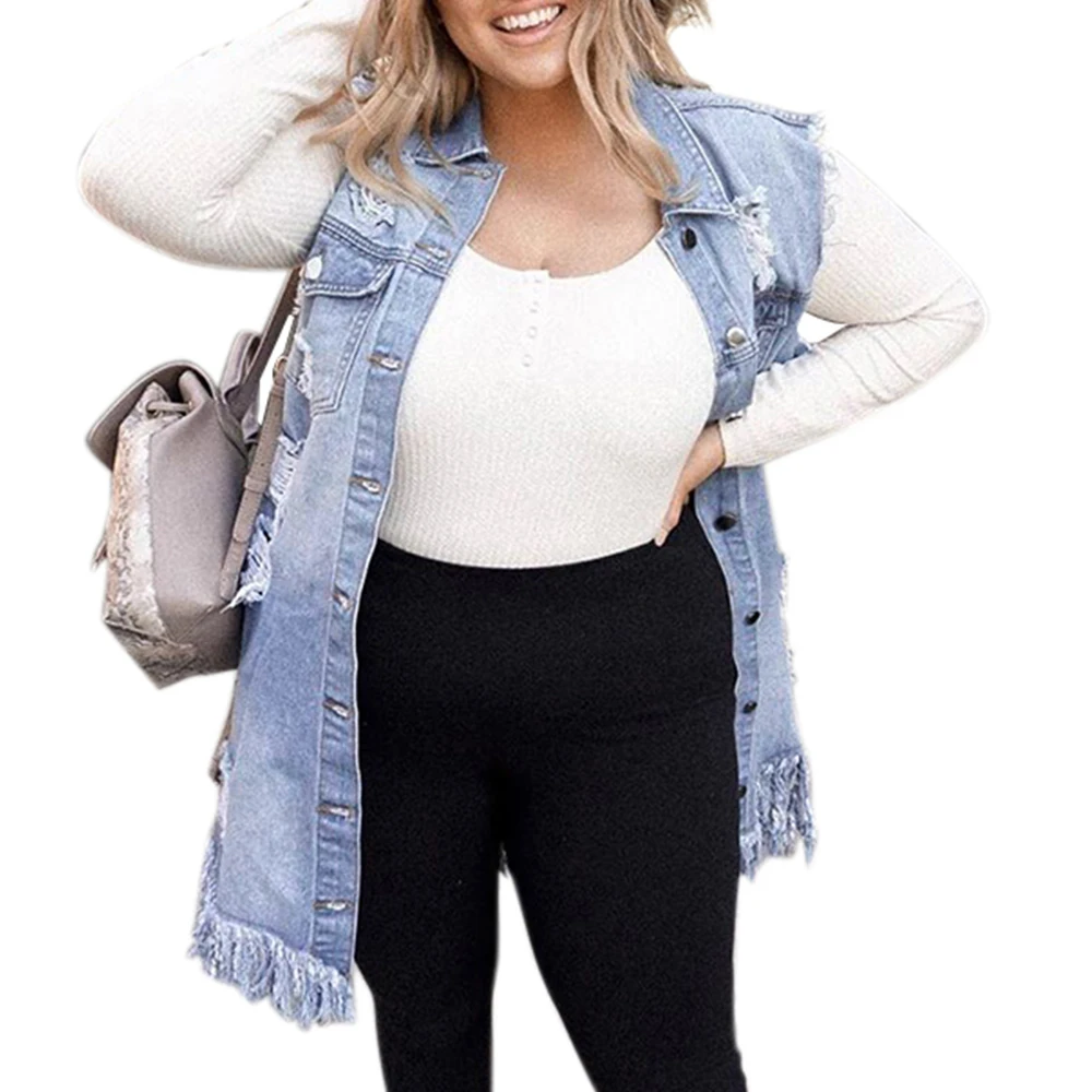 Женский джинсовый жилет размера плюс 5XL Винтажный Длинный рваный без рукавов с