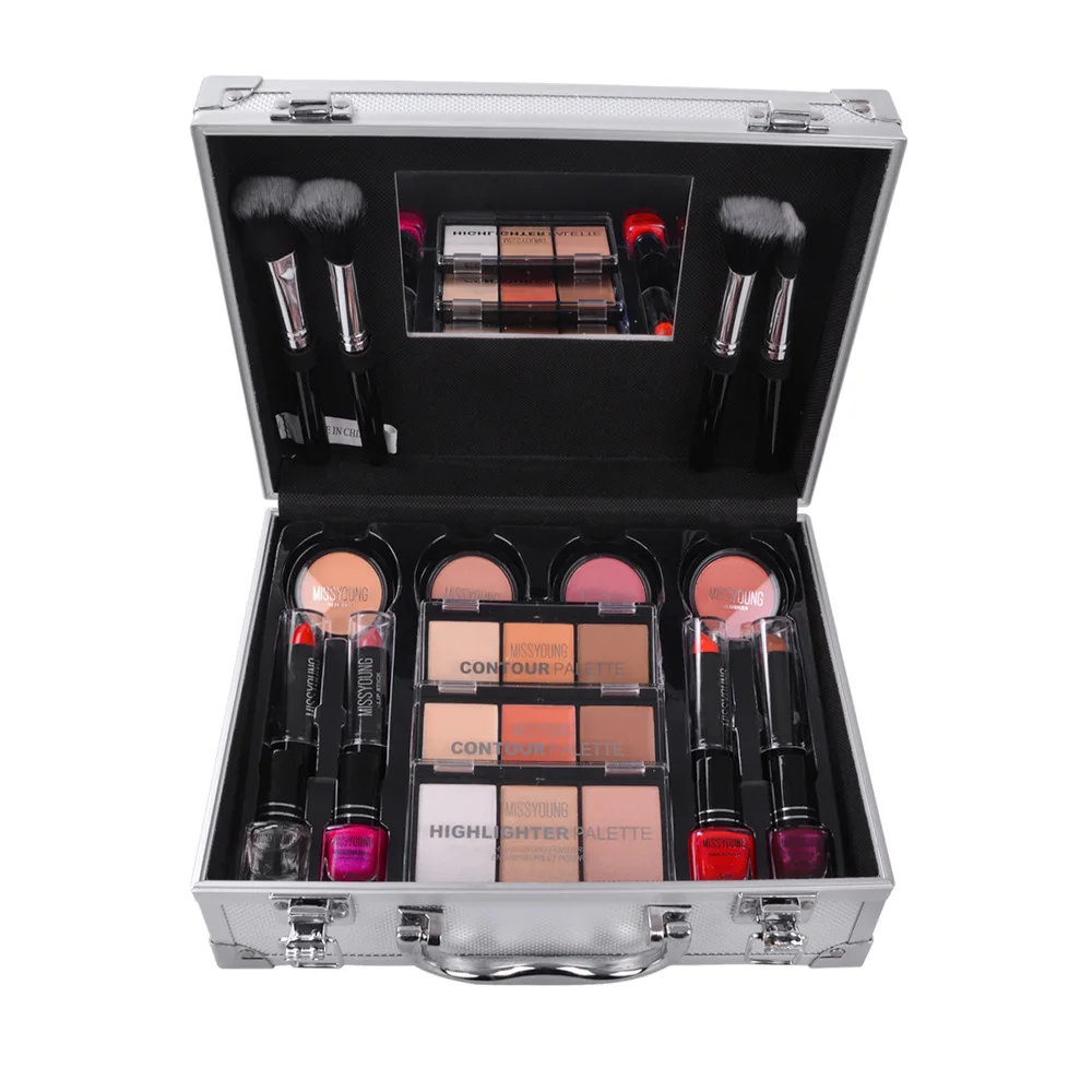 

Professional Makeup Kit Matte Shimmer Eyeshadow Pallette Aluminum Box Nude Eye Shadow Lipstick Contouring Powder Blush Brushes